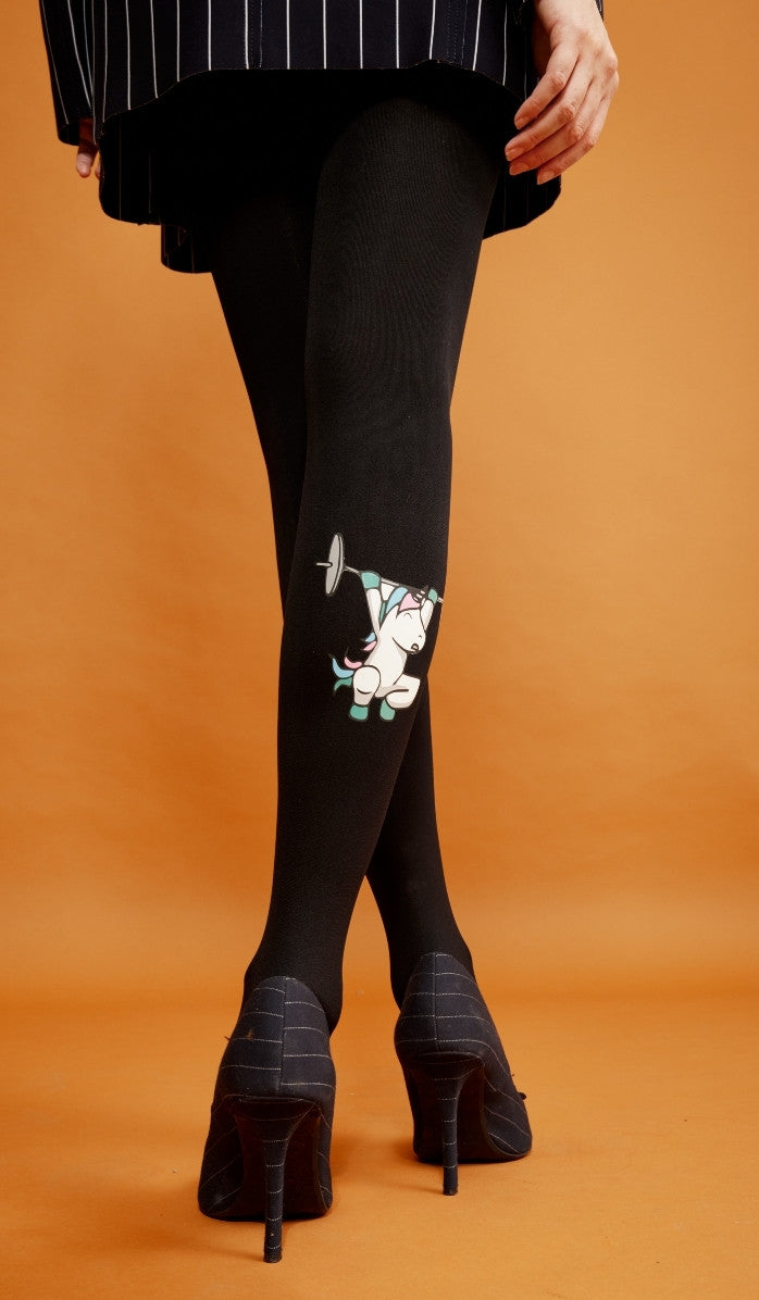 Women's Opaque Printed Tights - Olympics Black - Side View