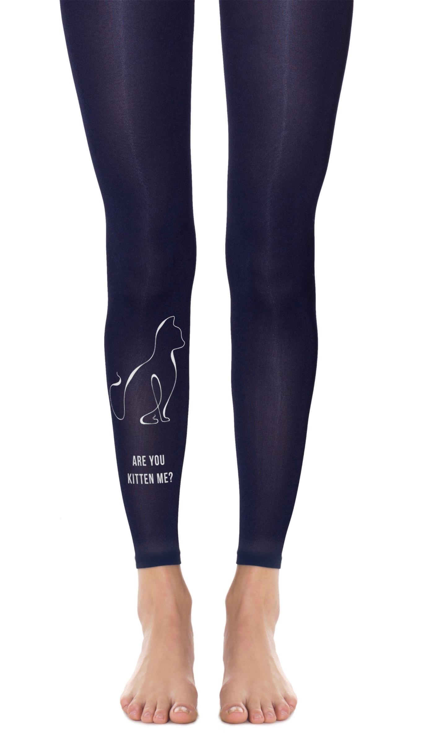 Tights Navy Blue Footless with print cat Silver