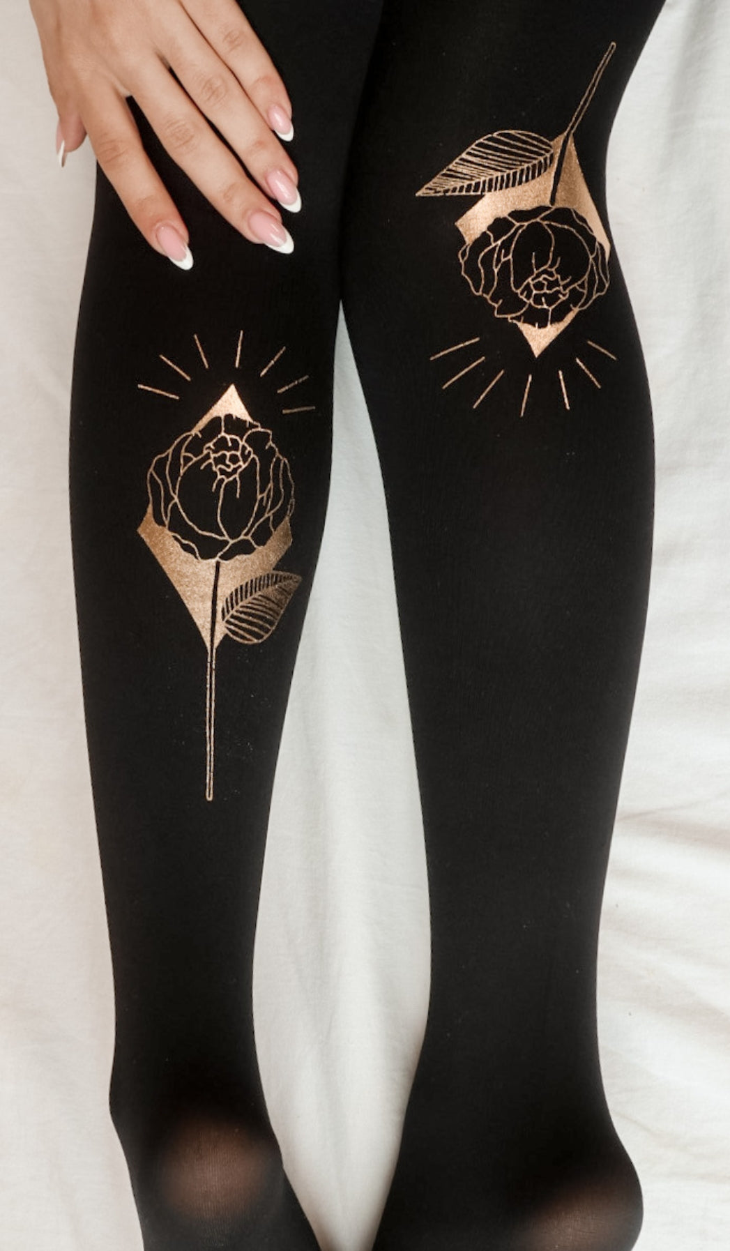 Women's Opaque Printed Tights - Name of the Rose Black - Detail