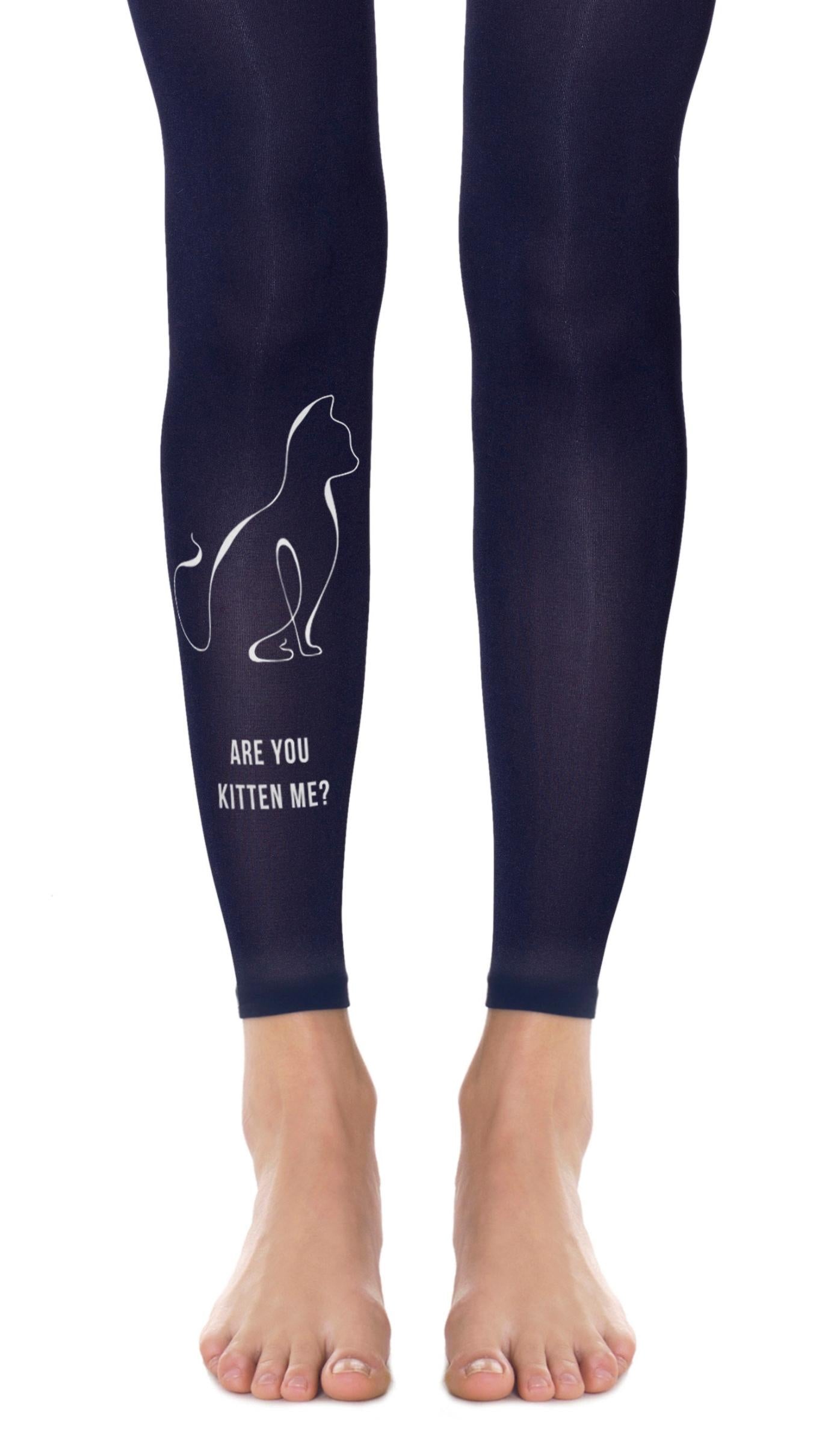 Tights Navy Blue Footless with print cat Silver