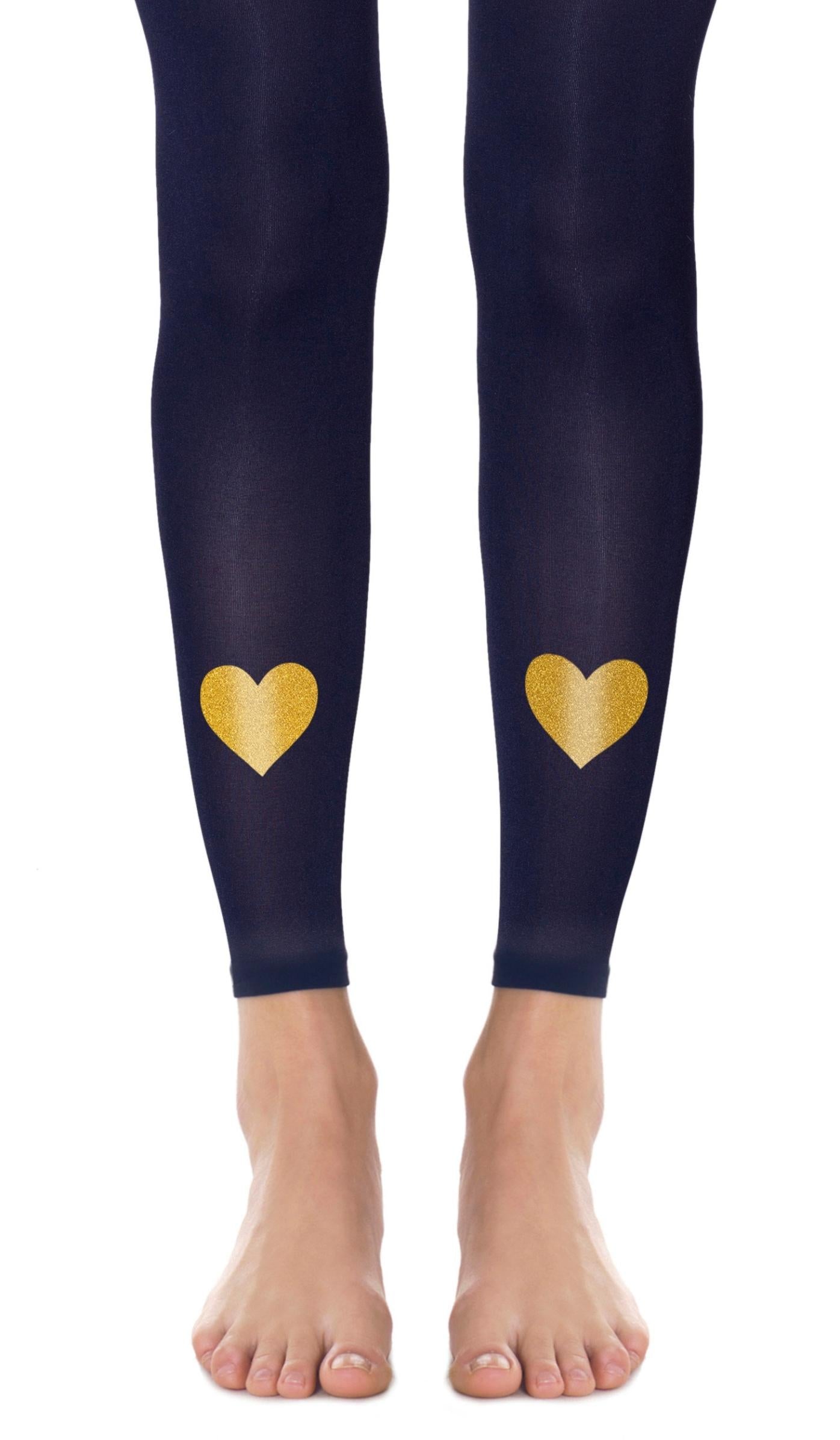 tights navy blue footless with print gold hearts