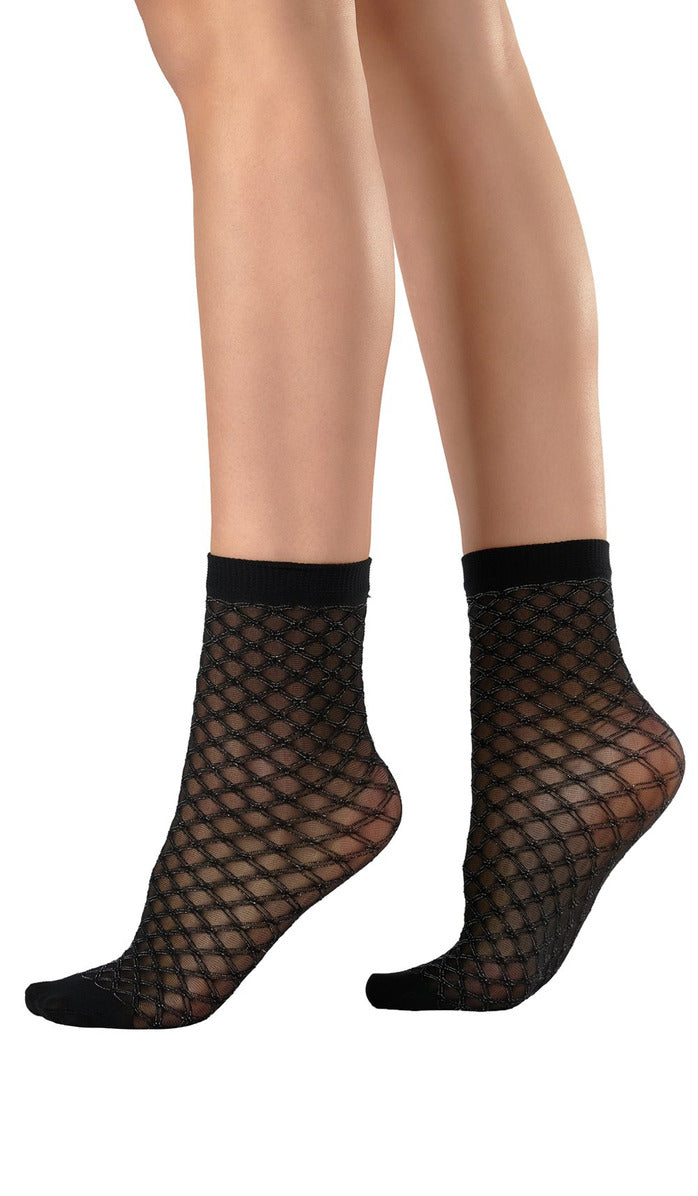 Metallic Diamond Mesh Ankle Socks - Black