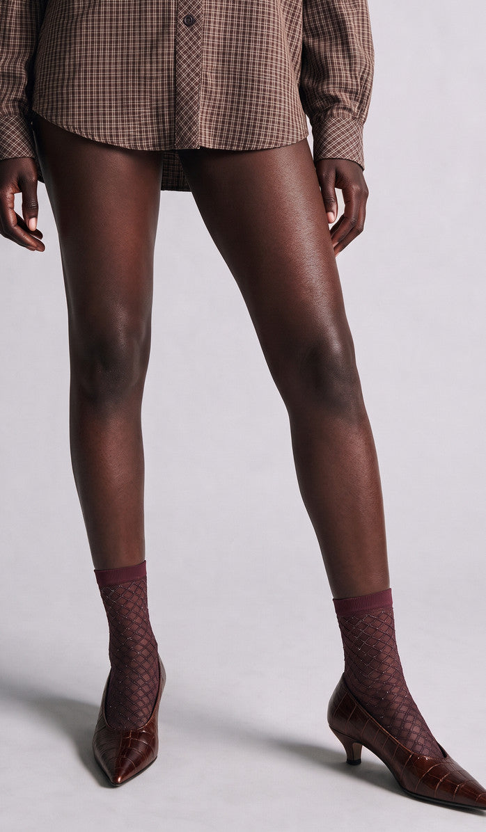 Metallic Diamond Mesh Ankle Socks - Wine