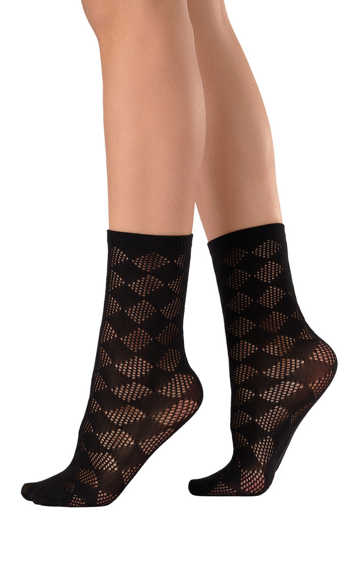 Crochet Diamond Ankle Socks - Black