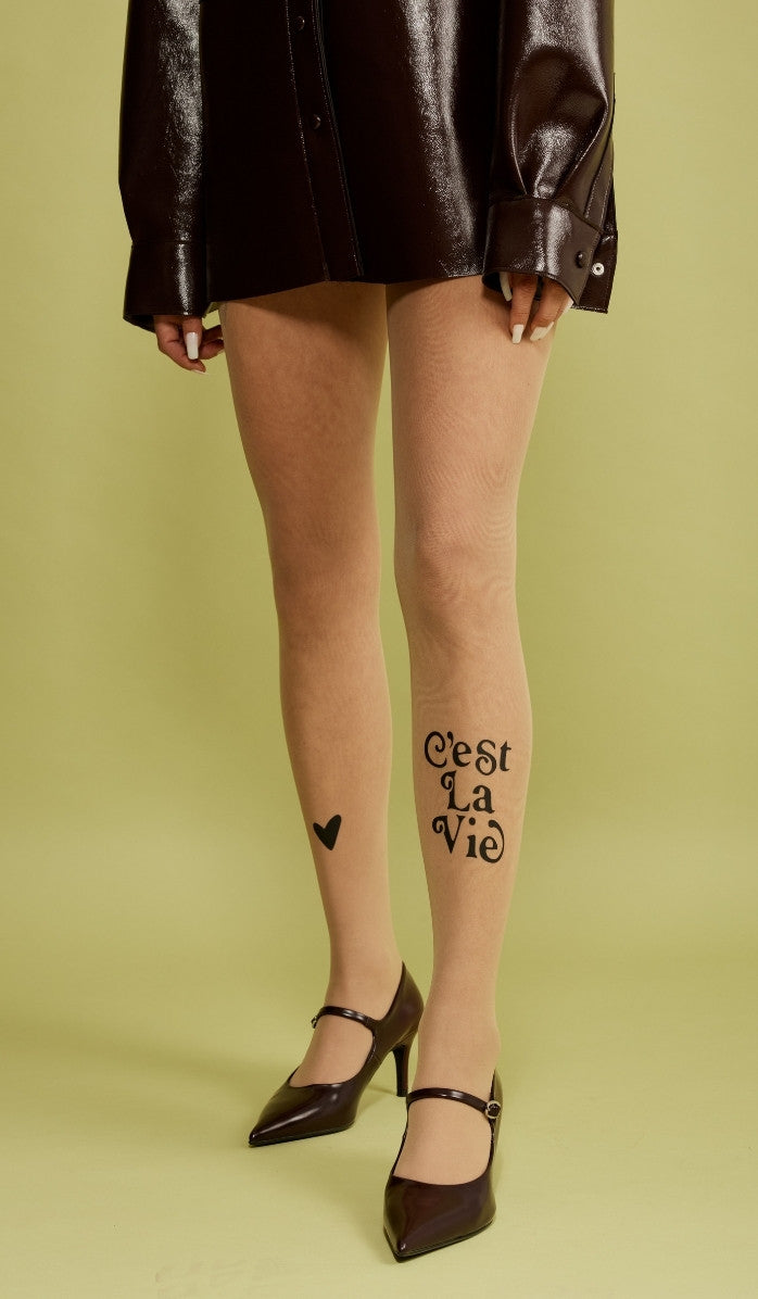 Women's Sheer Printed Tights - C'est La Vie - Detail
