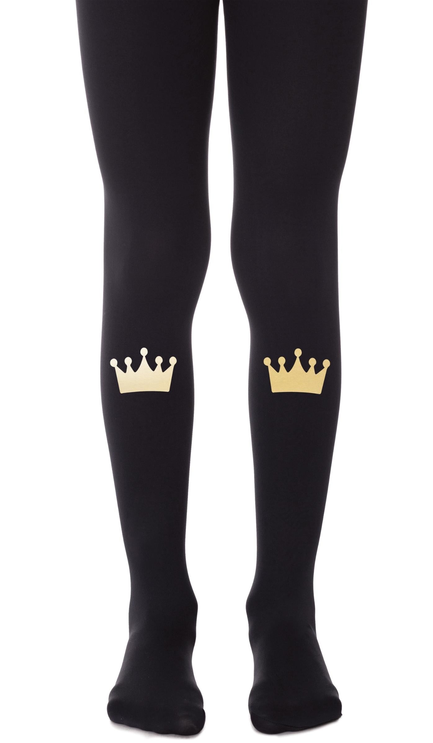 tights girls' black with print gold crown
