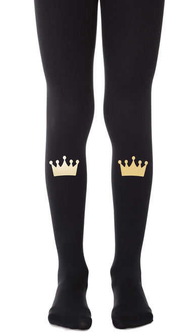 tights girls' black with print gold crown