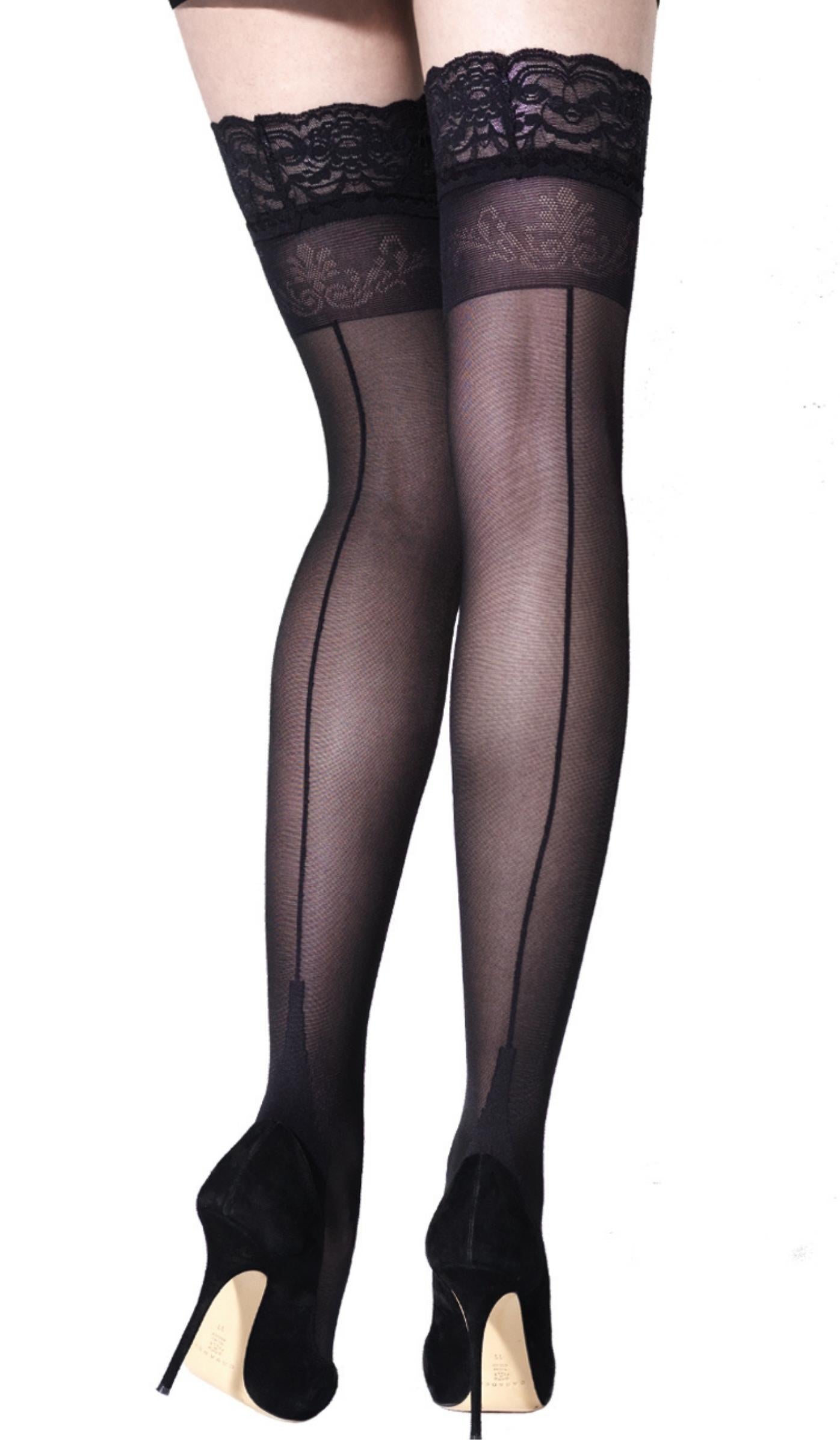 Lace Trim Thigh-Highs - Black - Side View