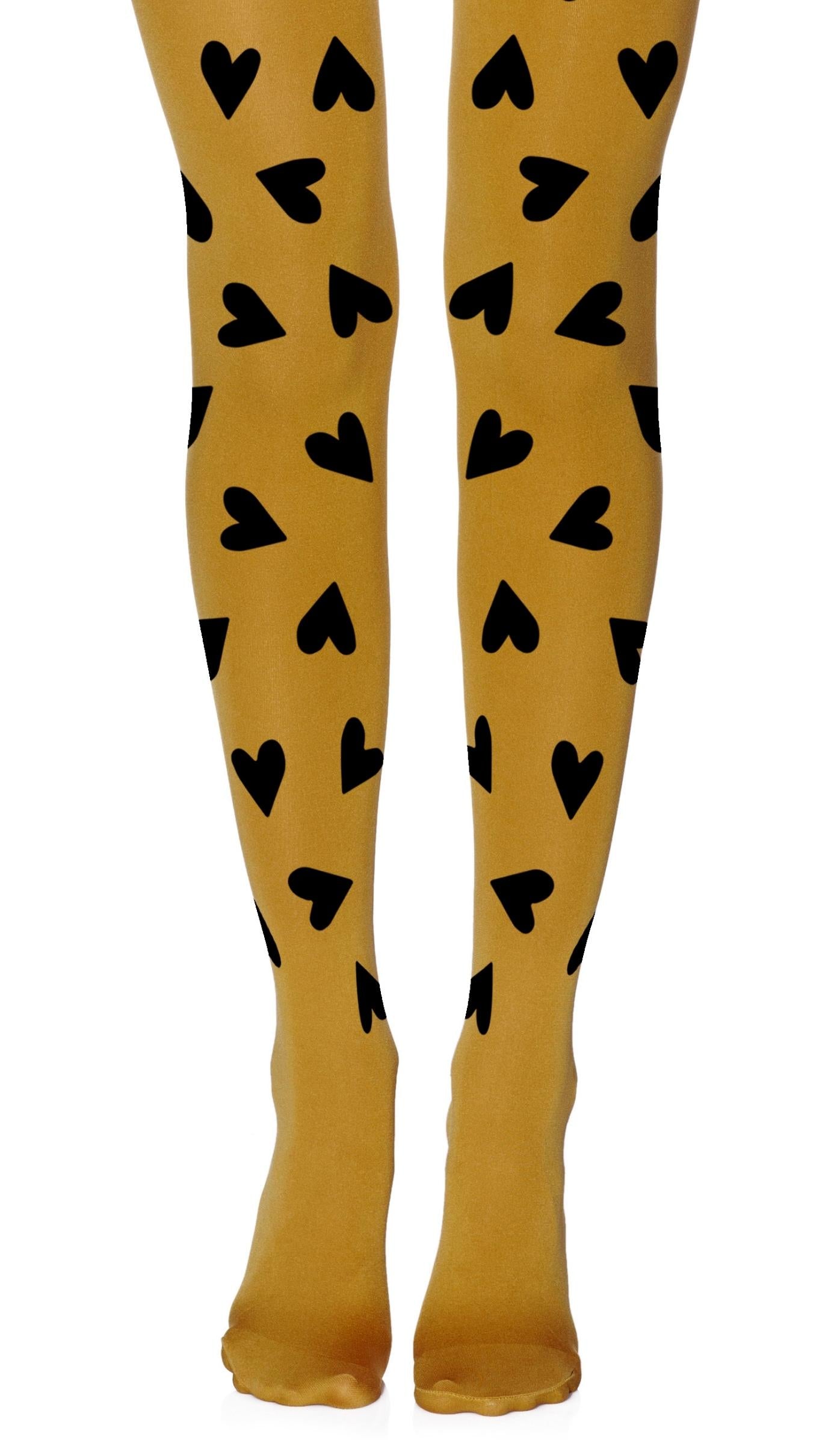 tights mustard opaque with print black hearts
