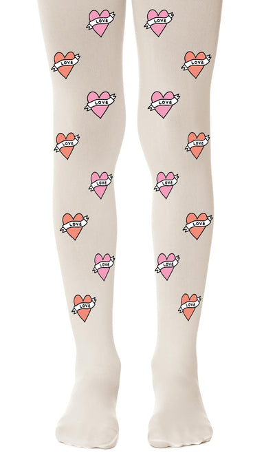 tights girls' cream with print hearts