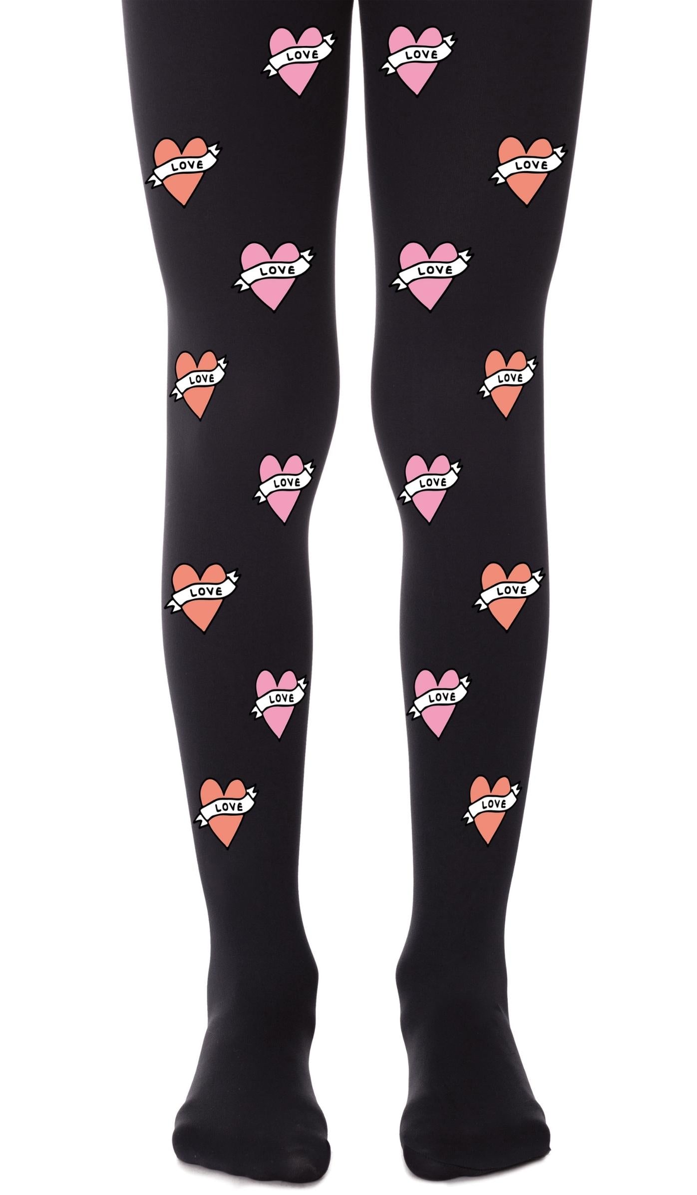 tights girls' black with print hearts