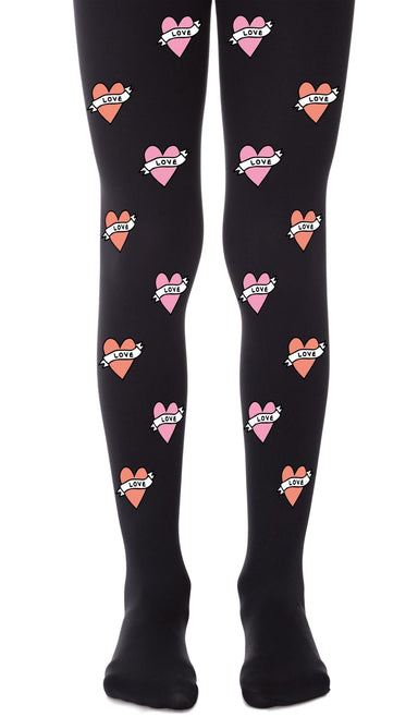 tights girls' black with print hearts