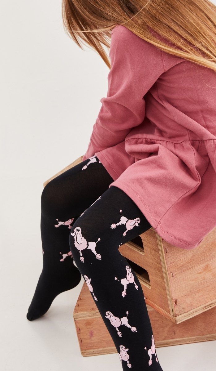 tights girls' black with print pink poodles