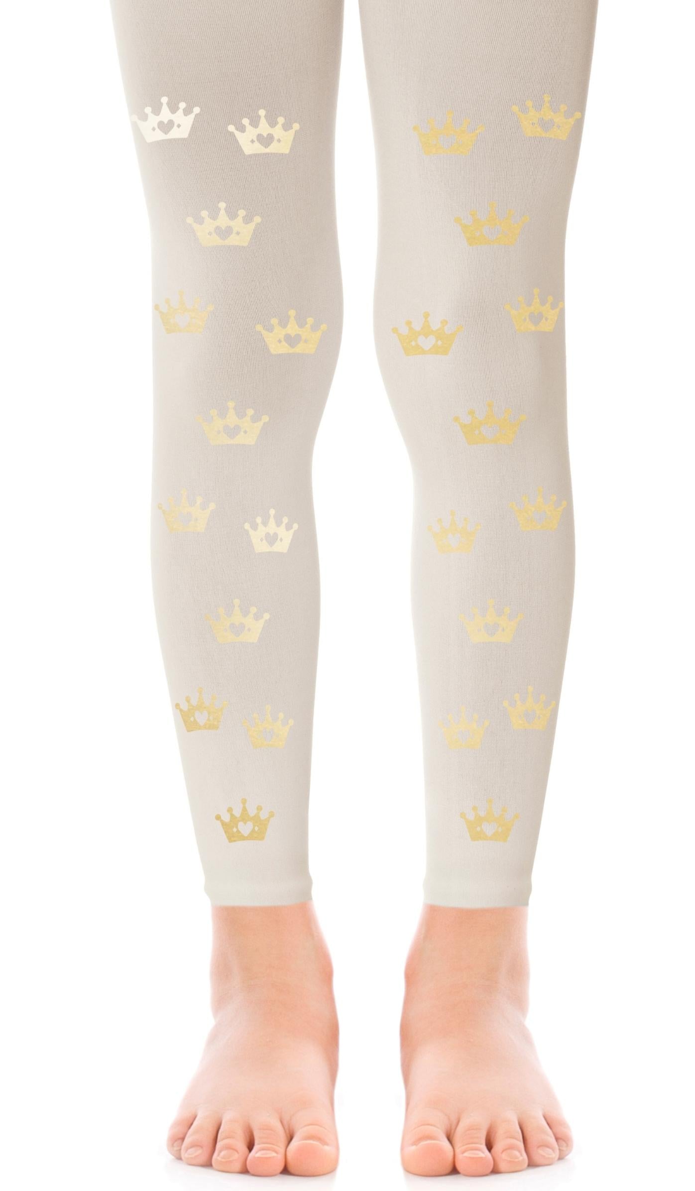 tights girls' cream with print gold crowns