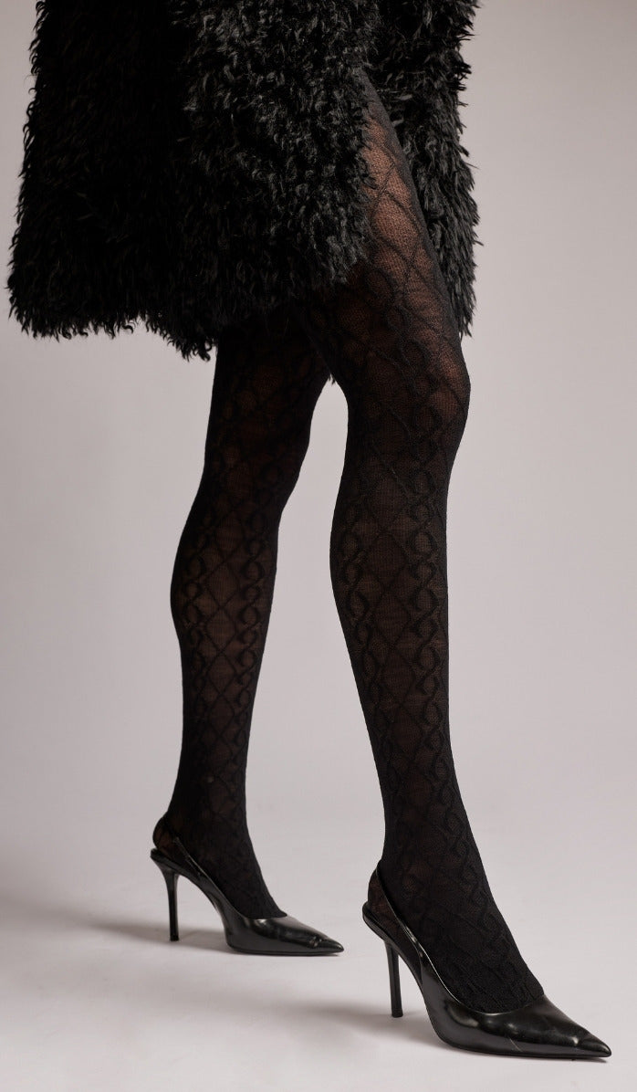 Cable Knit Wool Tights - Black