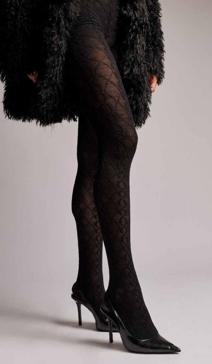 Wool Cable Knit Tights - Black