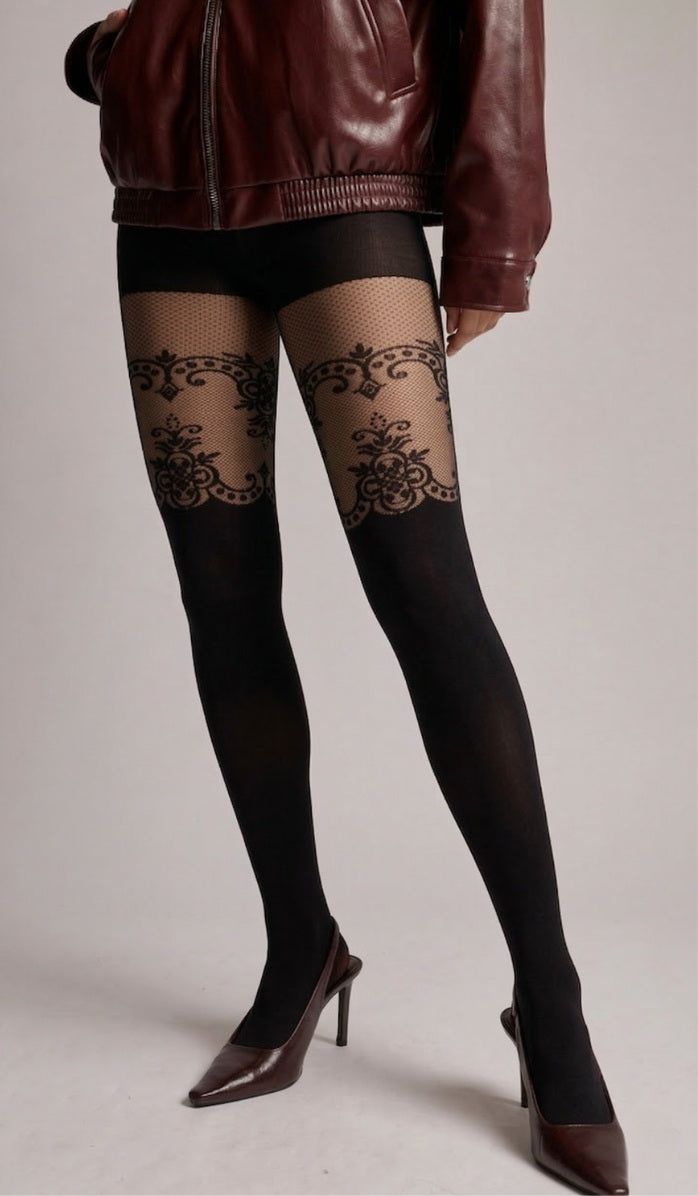 Tights - Faux Thigh-High - Black
