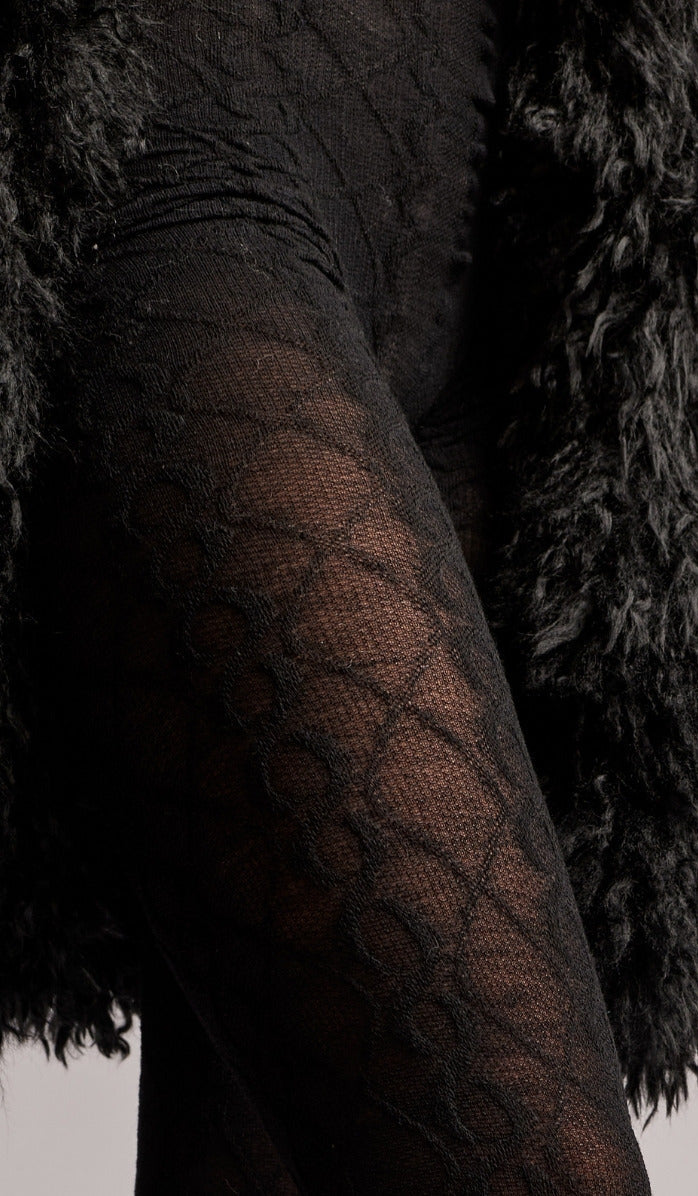 Wool Cable Knit Tights - Black - Side View