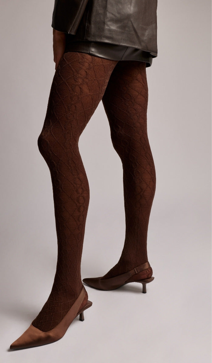 Wool Cable Knit Tights - Chocolate