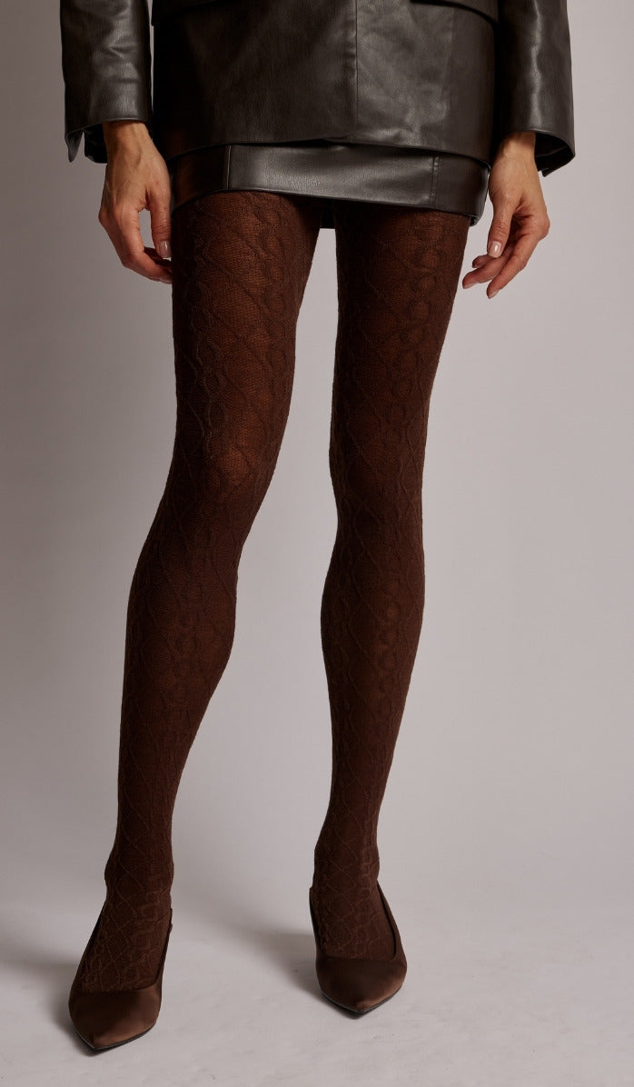 Cable Knit Wool Tights - Chocolate