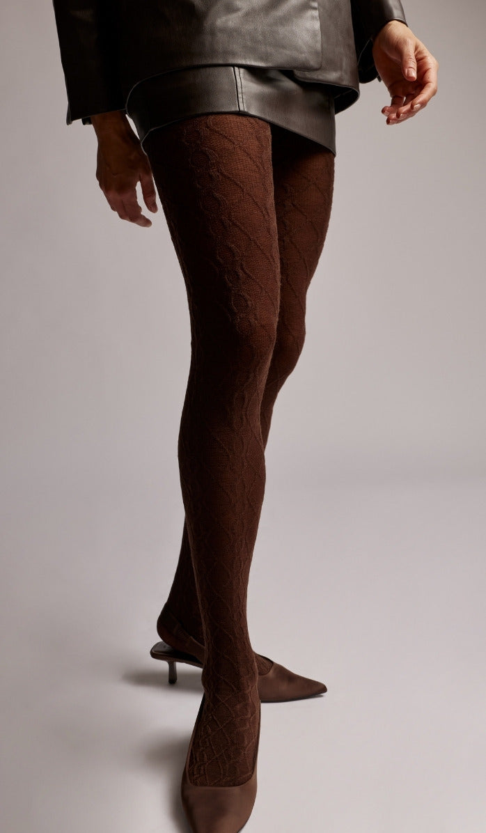 Wool Cable Knit Tights - Chocolate - Detail