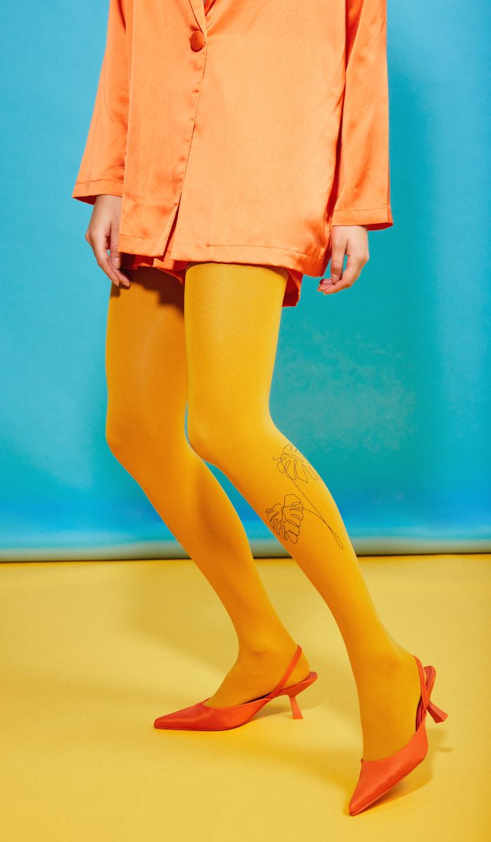 Women's Opaque Printed Tights - Monstera Mustard - Back View