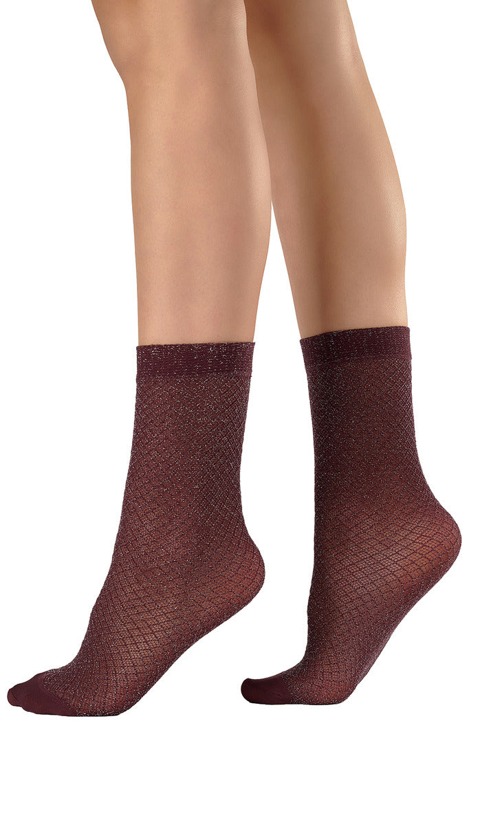 Metallic Double Micromesh Ankle Socks - Wine