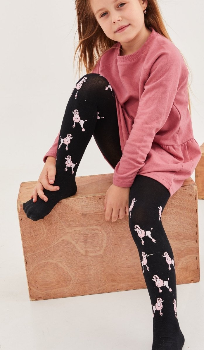 tights girls' black with print pink poodles
