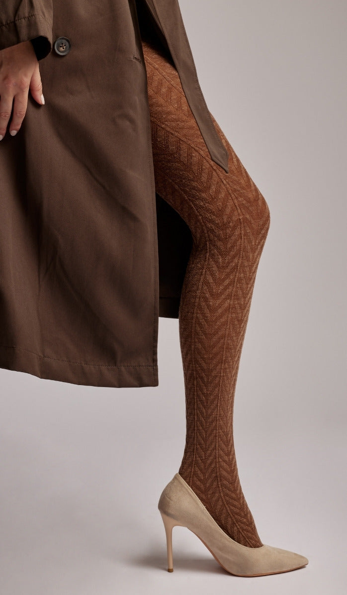 Wool Zigzag Pattern Tights - Mocha - Back View