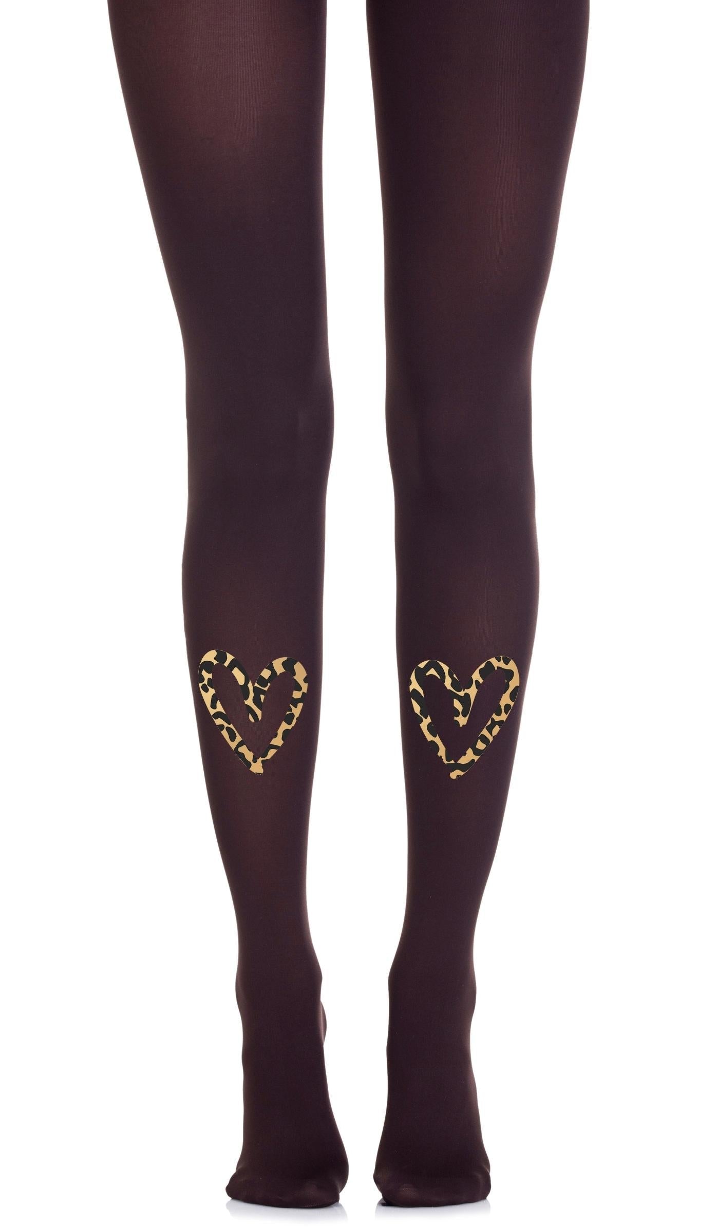 Tights brown Espresso Opaque with print heart Leopard
