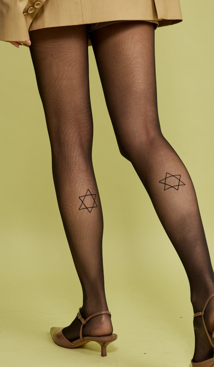 Women's Black Sheer Printed Tights - David - Side View