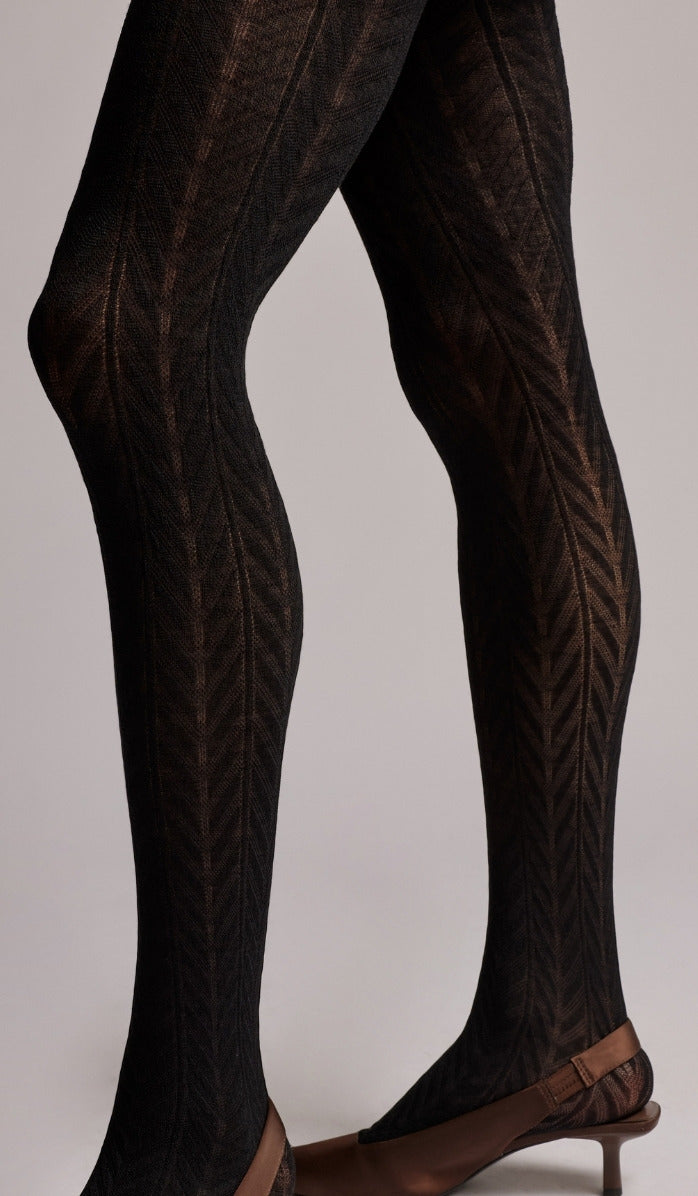 Wool Zigzag Pattern Tights - Black - Back View