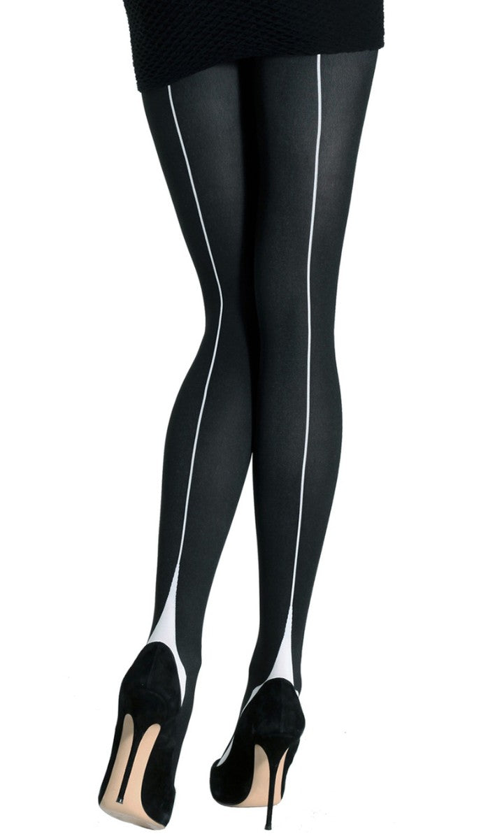 Semi-Sheer Back Seam Tights - Black White - Side View