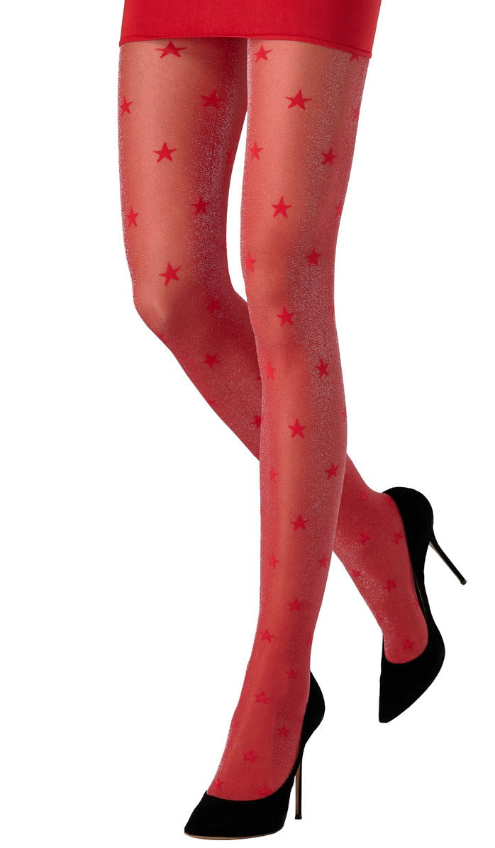 Metallic Star Tights - Red