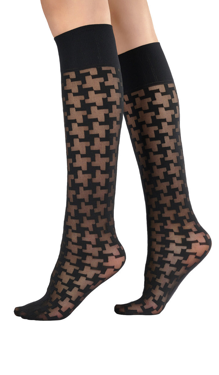 Houndstooth Knee-High Socks - Black