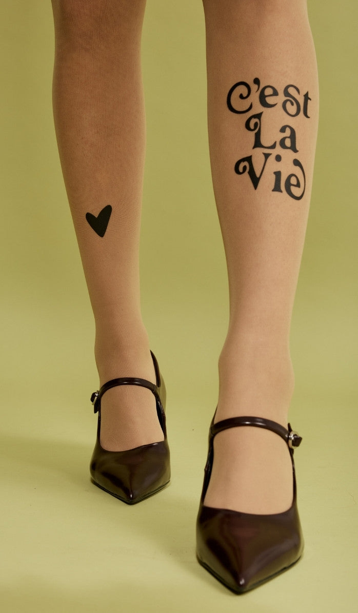 Women's Sheer Printed Tights - C'est La Vie - Side View