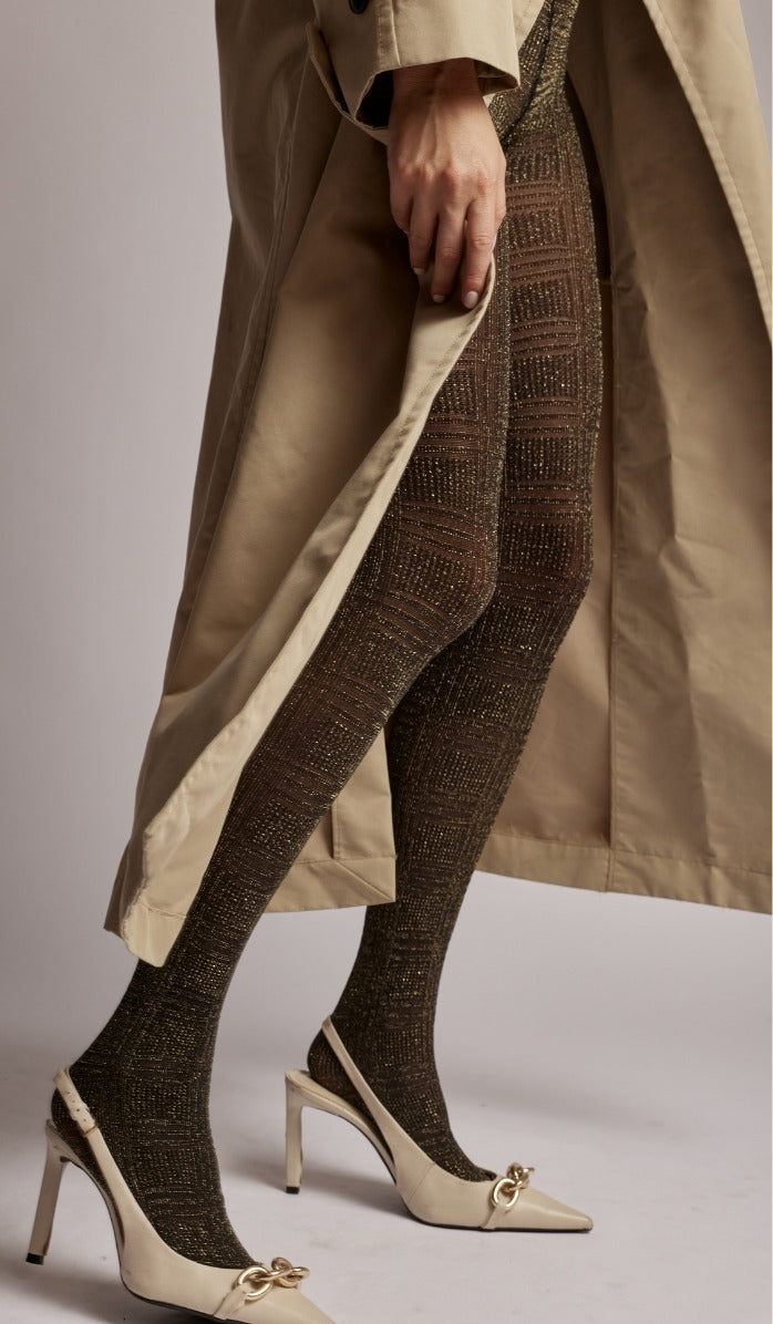 Tights - Metallic Plaid - Black Gold