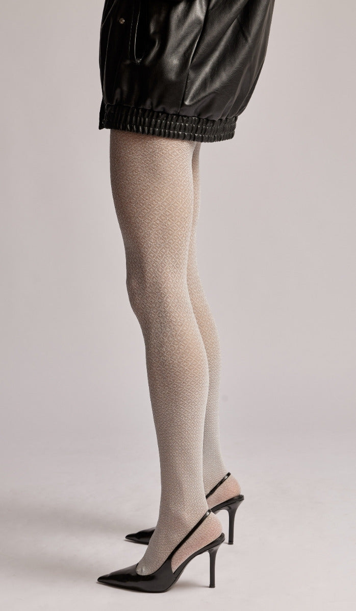 Tights - Diamonds & Dots - White Silver - Back View