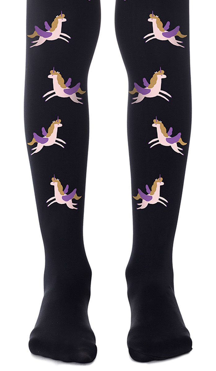 tights girls' black with print flying unicorn