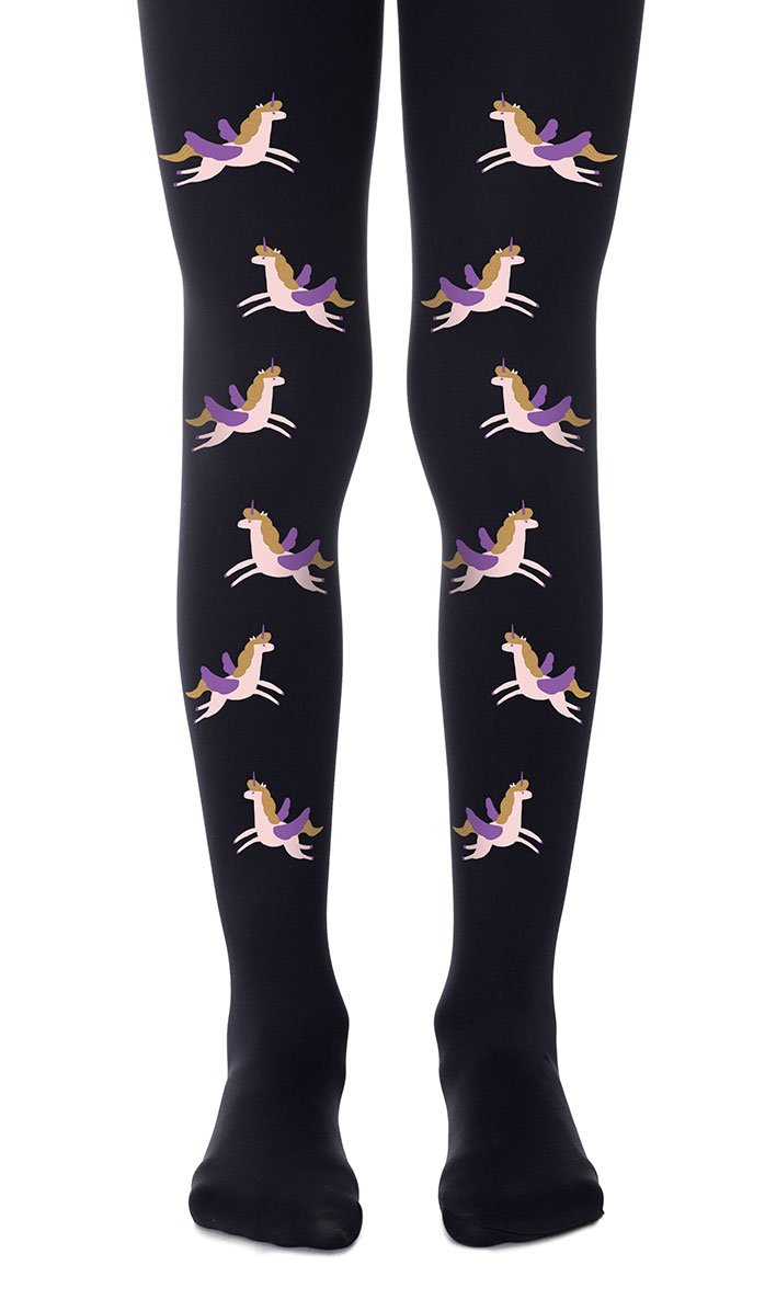 tights girls' black with print flying unicorn