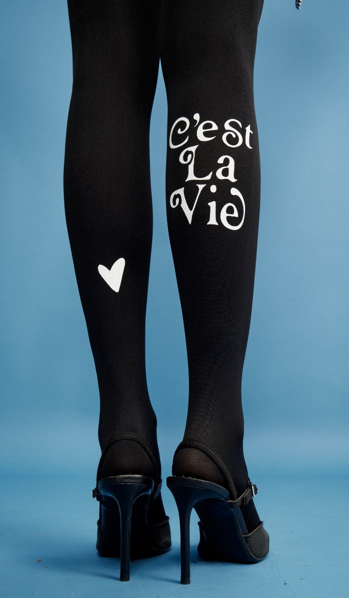 Women's Opaque Printed Tights - C'est La Vie Black - Back View