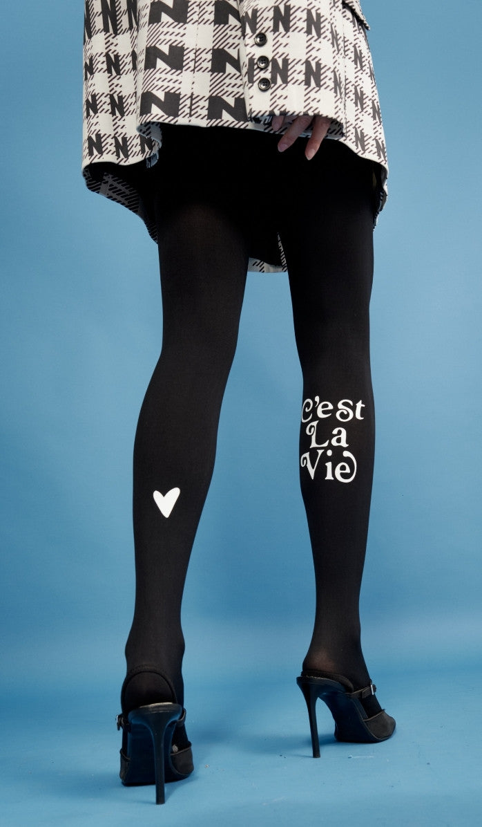 Women's Opaque Printed Tights - C'est La Vie Black