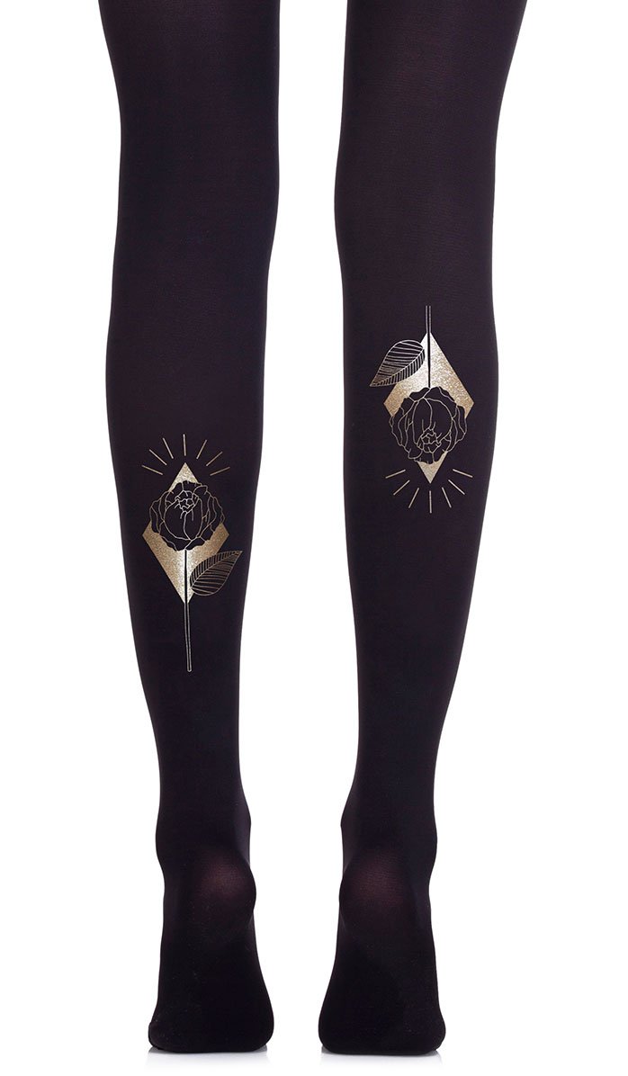 tights women's black with print gold diamond rose