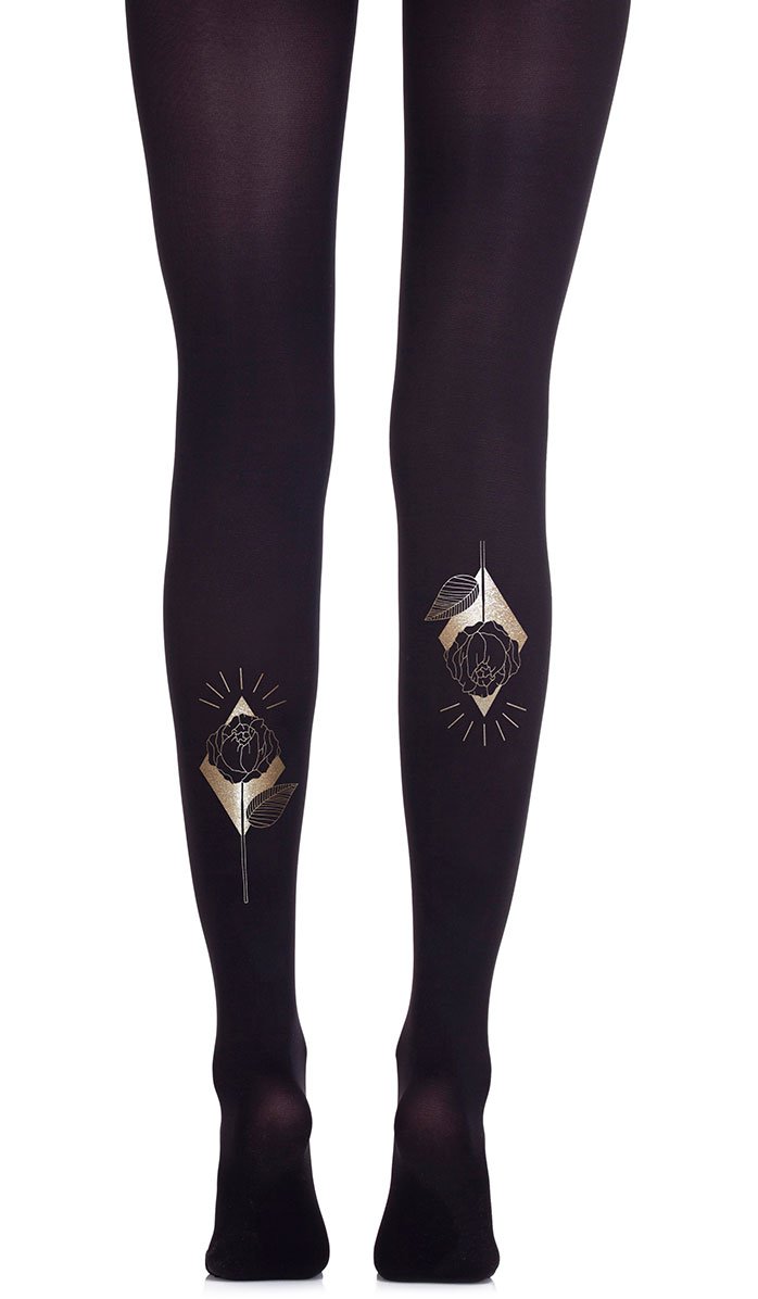 tights women's black with print gold diamond rose
