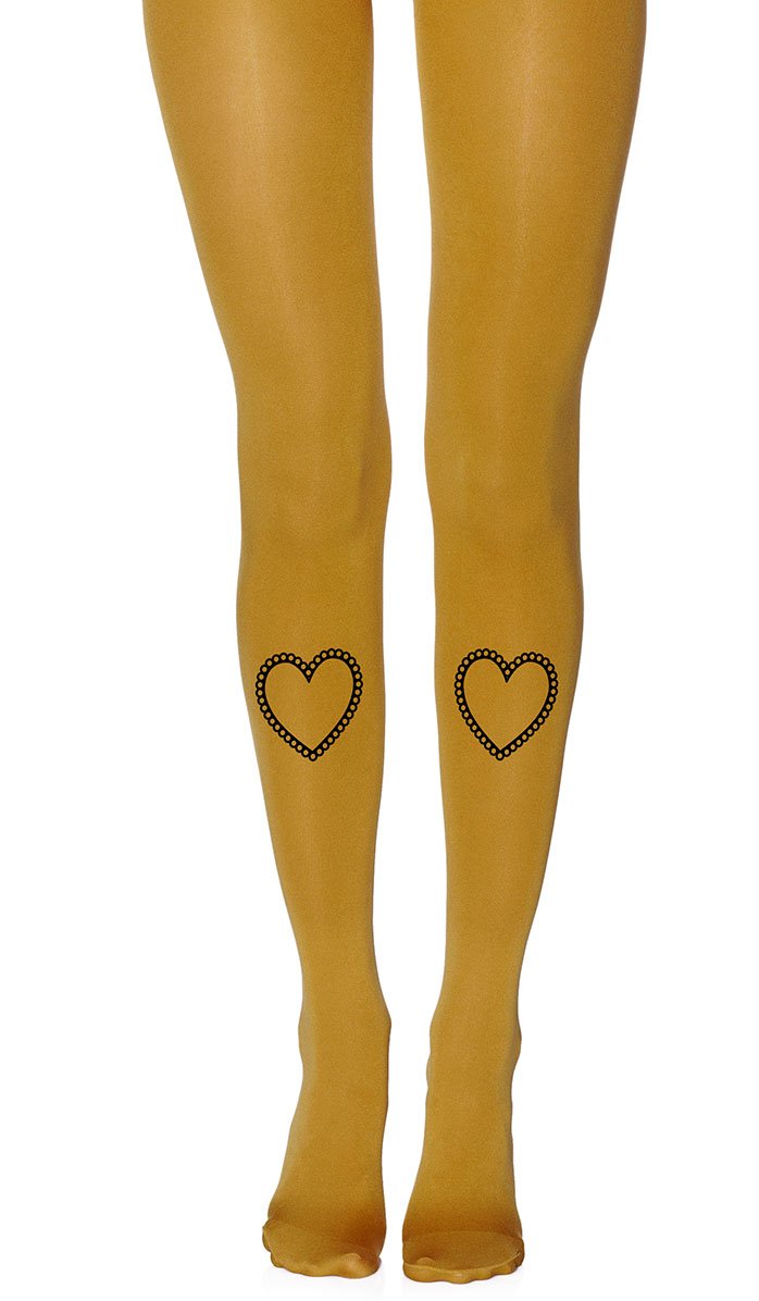 tights mustard with print heart black