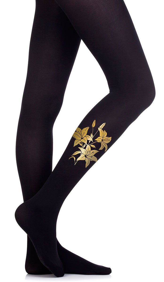 Tights in color Black with print lilies Gold
