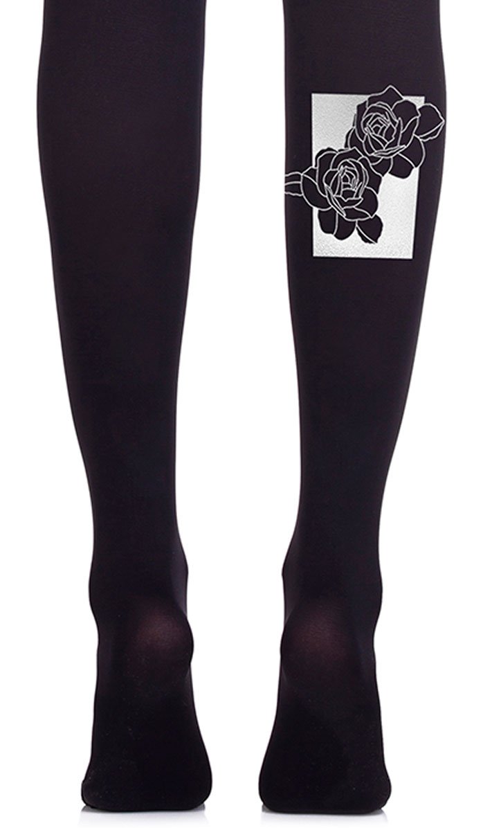 tights black with print silver roses