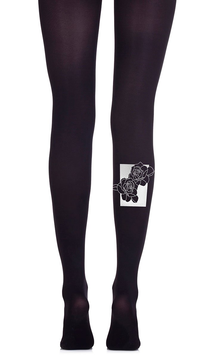 tights black with print silver roses