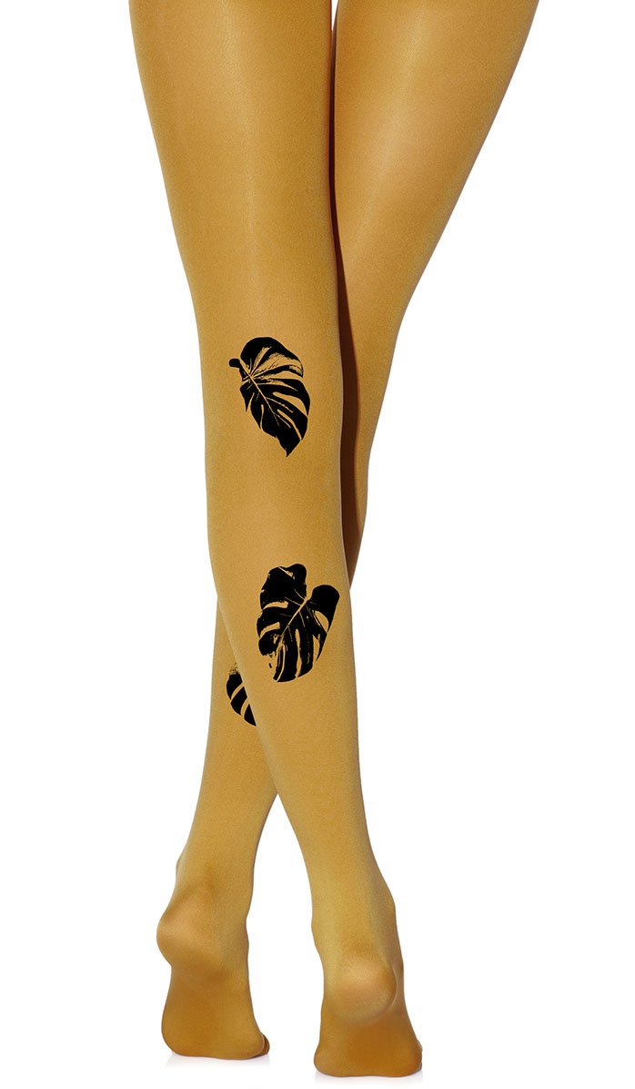 tights mustard opaque with print black leaves