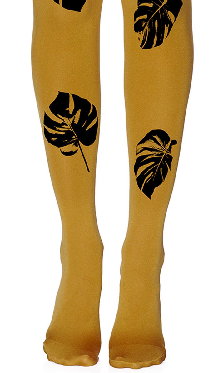 tights mustard opaque with print black leaves